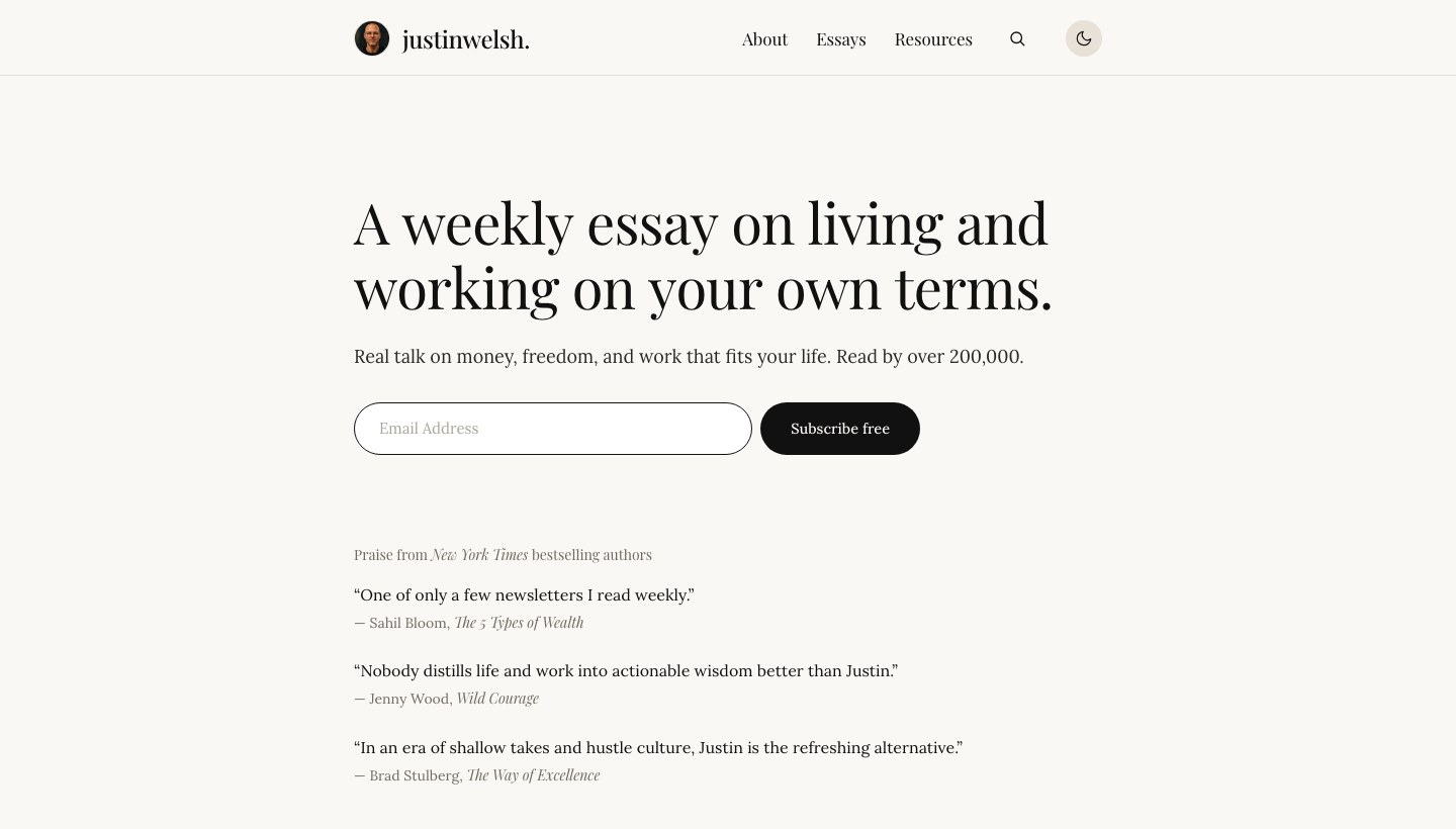 Justin Welsh — eredeti landing oldal screenshot